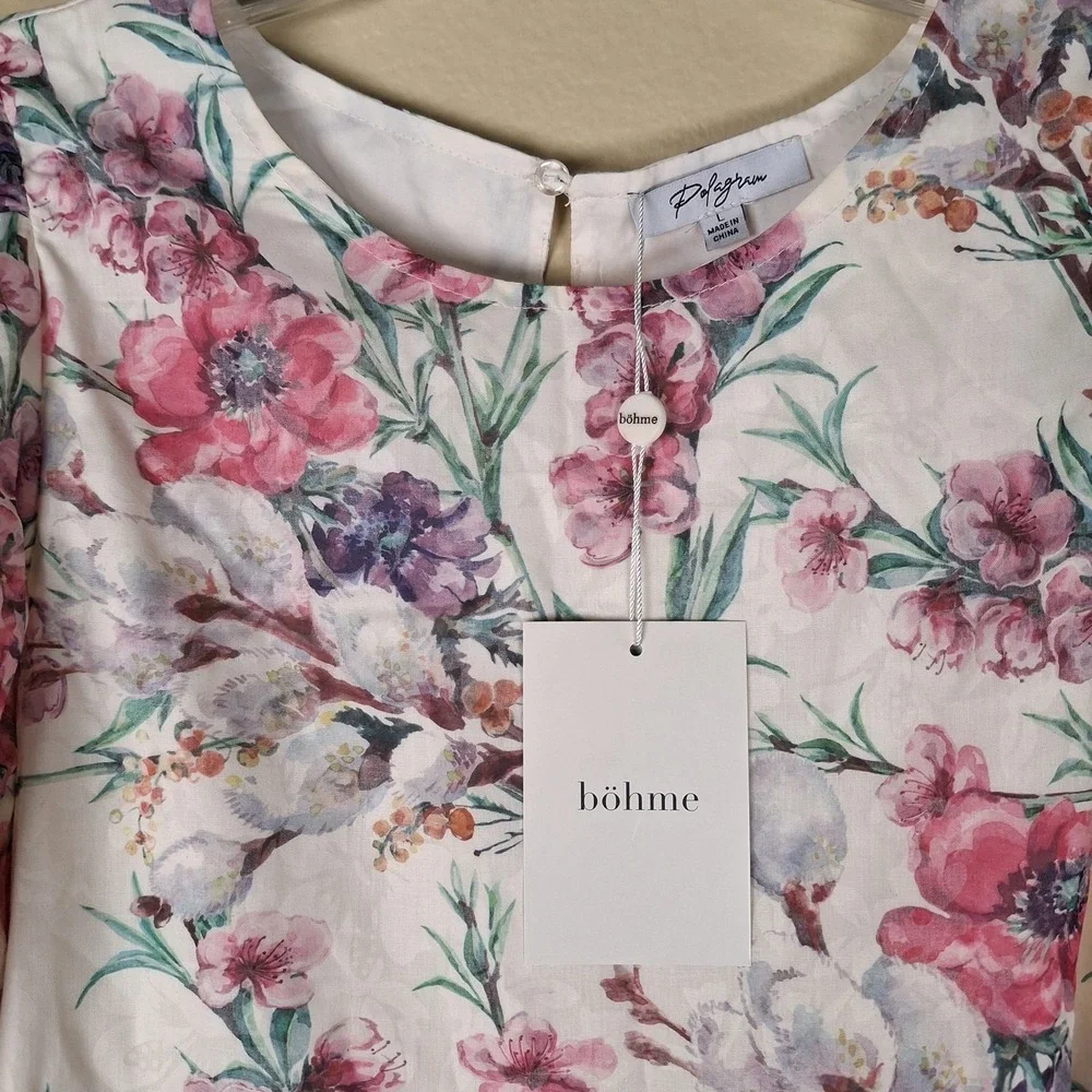 Polagram Women's‎ Large Midi Dress Lavender Floral Farmhouse Cottage Puff Sleeve
